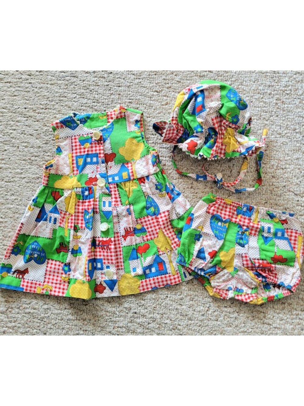 Vintage Patchwork Dress Sz 3T Shorts Hat 60s 70s Holiday Sportswear Of Miami 3pc